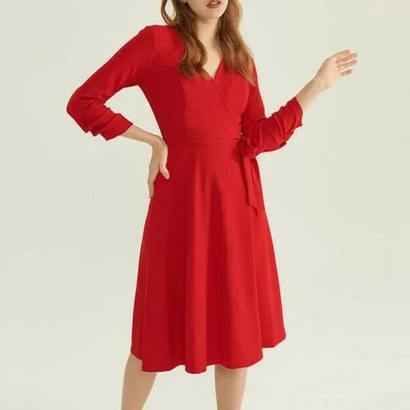 knee length dresses for ladies Linen Blend Belted Midi Dress | Fit and Flare main image 1